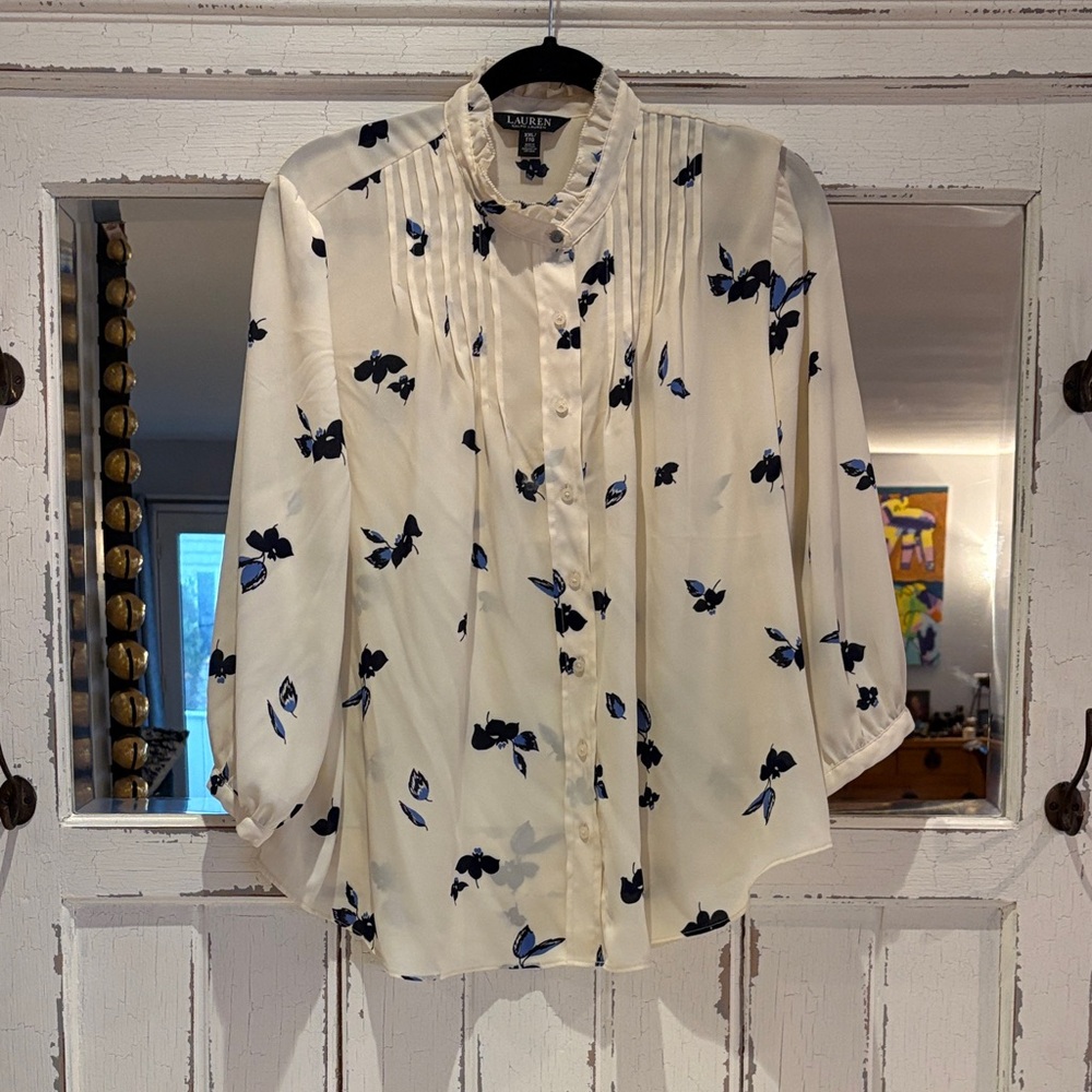 Lauren Ralph Lauren Ivory Blouse with Navy Floral Design